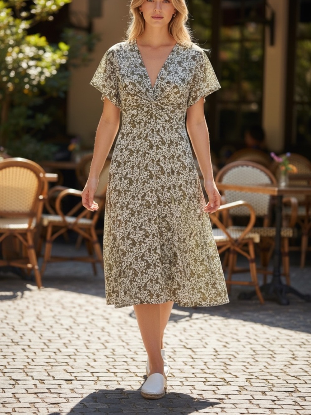 Floral Twist-Front Midi Dress in Olive and White